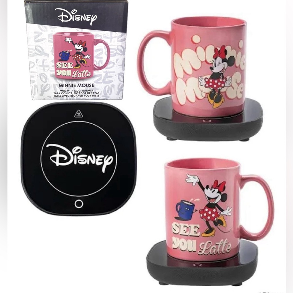 Minnie Mouse 12 oz Mug w/ Warmer Coffee Tea Pink SEE YOU LATTE NEW NIB